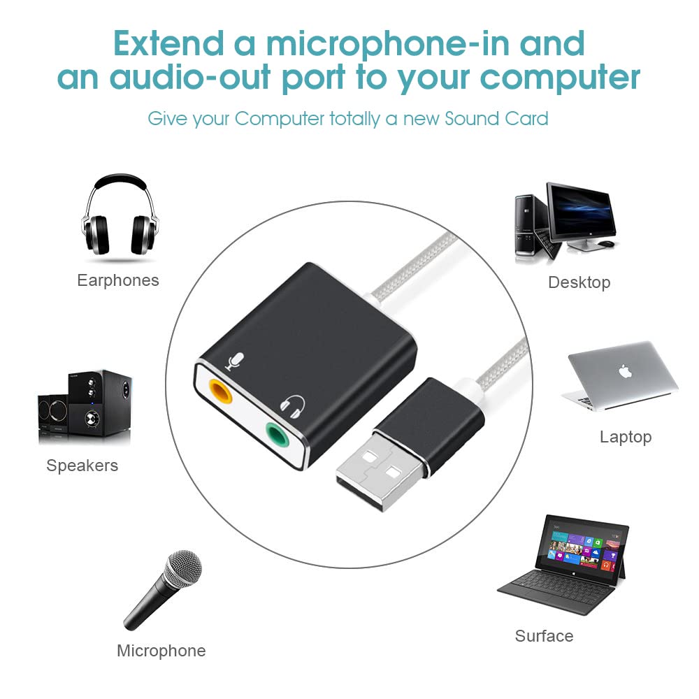 ZORBES® USB to 3.5mm Jack Audio Adapter, USB Sound Card with Headphone and Microphone Jack USB to Aux Converter for Windows and Mac, Linux, Compatible with PS5, PS4, Laptop Plug & Play No Drivers Need