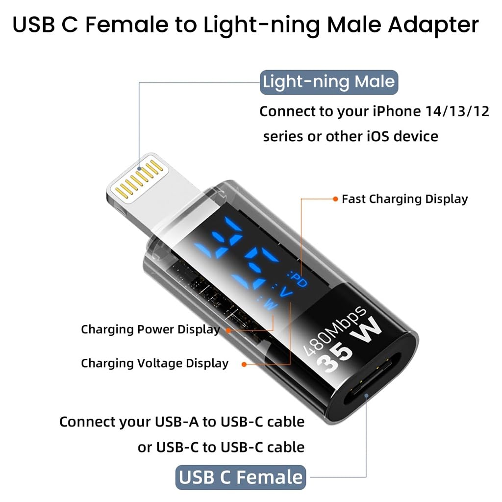 Verilux® USB C to Light-ning Adapter with LED Display, Support PD 35W Fast Charging & 480Mbps Data Sync Real Time Power Display Universal USB C to Light-ning Connector for iPhone/iPad/iPod