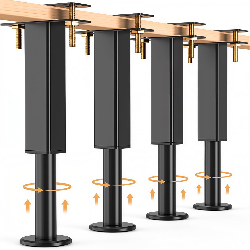 Serplex® 4Pcs Bed Legs Support, Adjustable Metal Bed Frame 7-12.5 inch, Adjustable Legs Replacement, Heavy Duty Center Support for Steel Bed Frame or Wooden Bed-Black