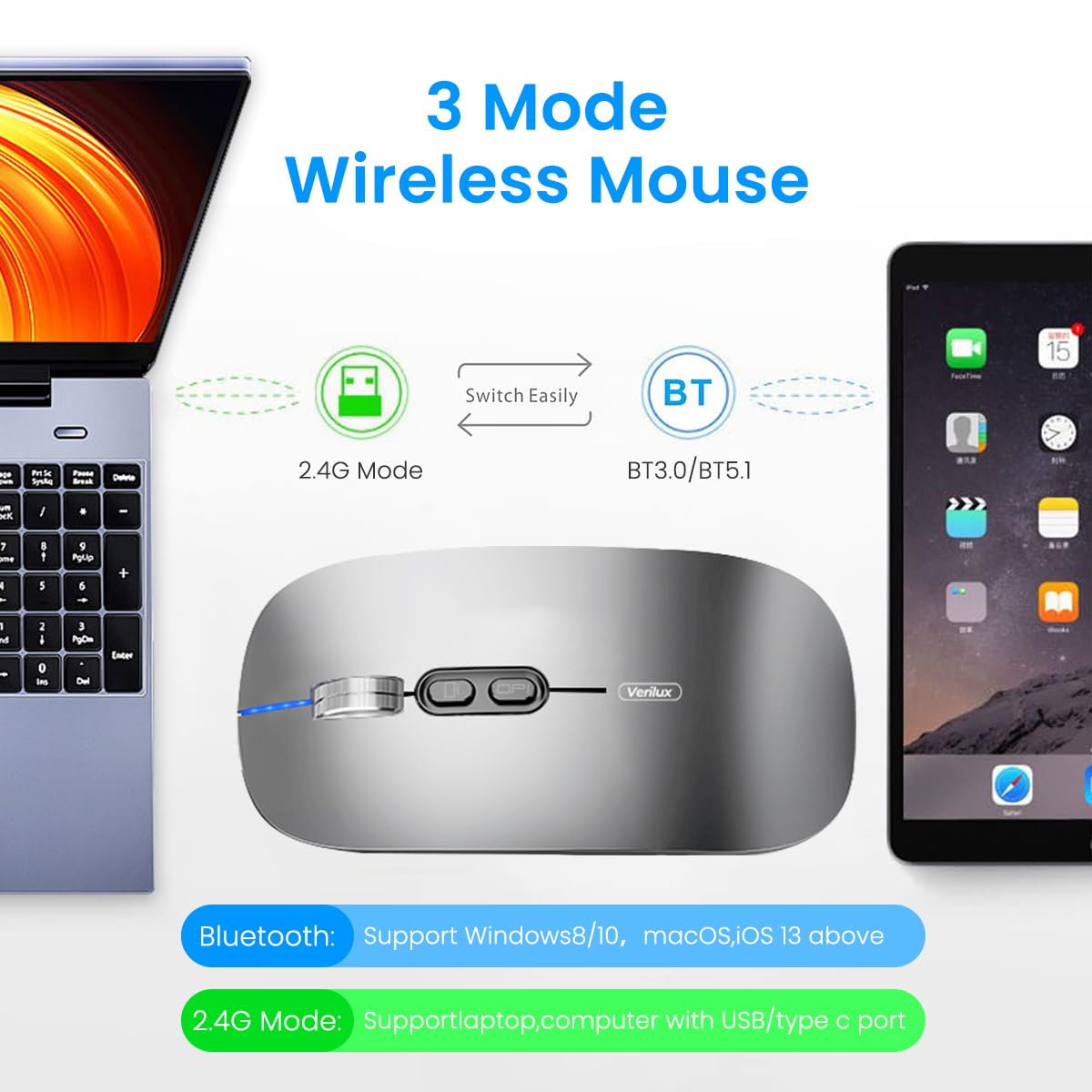 Verilux Wireless Mouse for Laptop with 1600DPI Sensor and Triple Mode Bluetooth | Silent Ergonomic Design