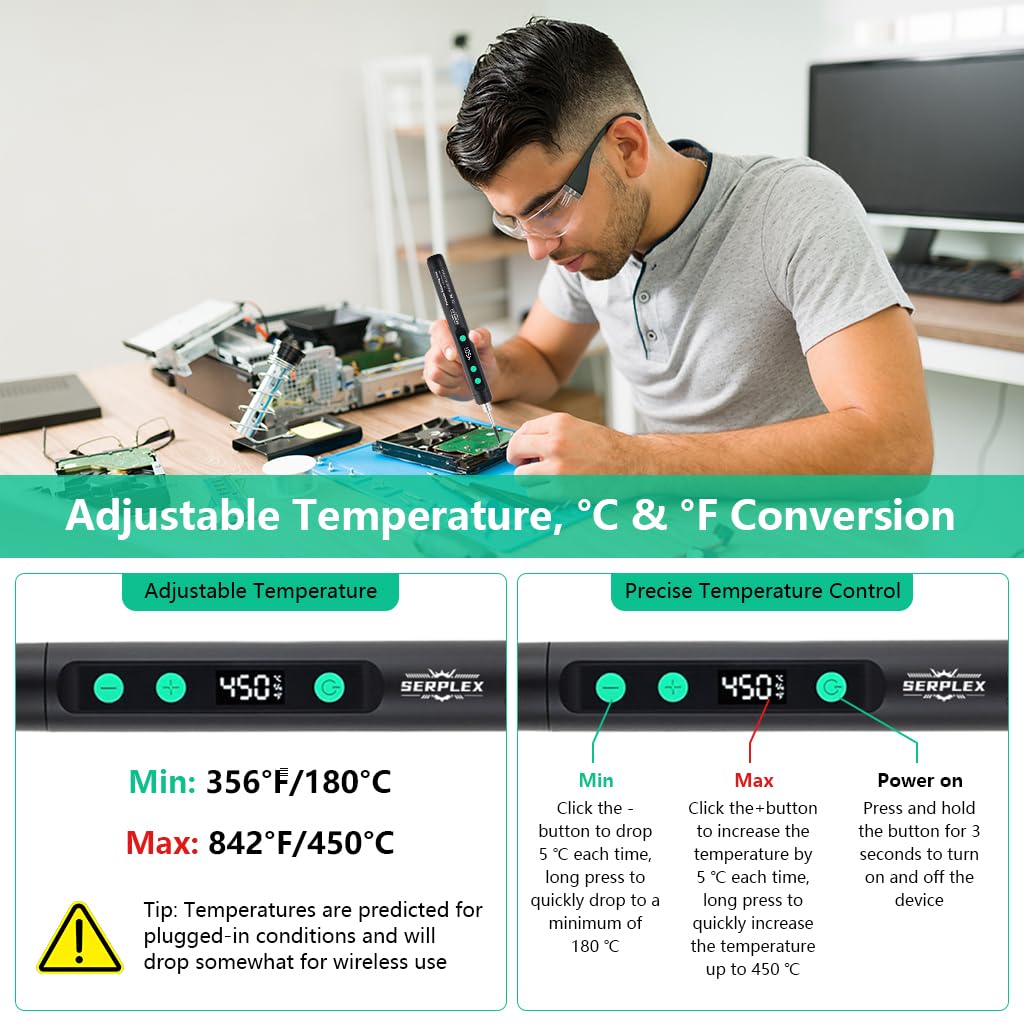 Serplex® 15W Handheld Soldering Iron Tool Kit with 3 Bits & Storage Box, USB Cordless Rechargeable Soldering Iron Pen 180-450° C Adjustable Welding Tool Kit for Electronics Repairing-Black