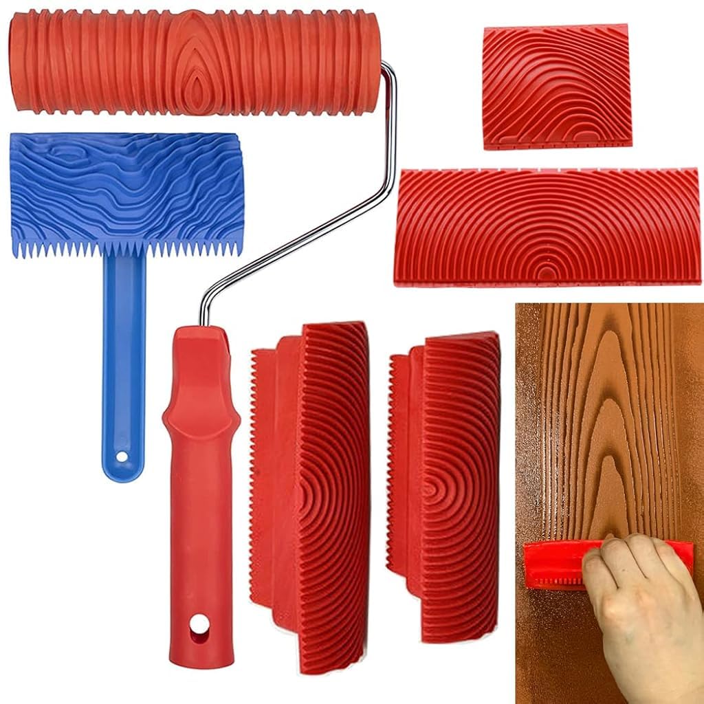 Serplex® 6Pcs Wood Graining Tool Set, Wood Grain Roller Painting Tool with Handle, Paint Roller Tool Kit Multi Sizes Rubber Graining Roller Tools for Wall, DIY Wooden Craft, Art Painting