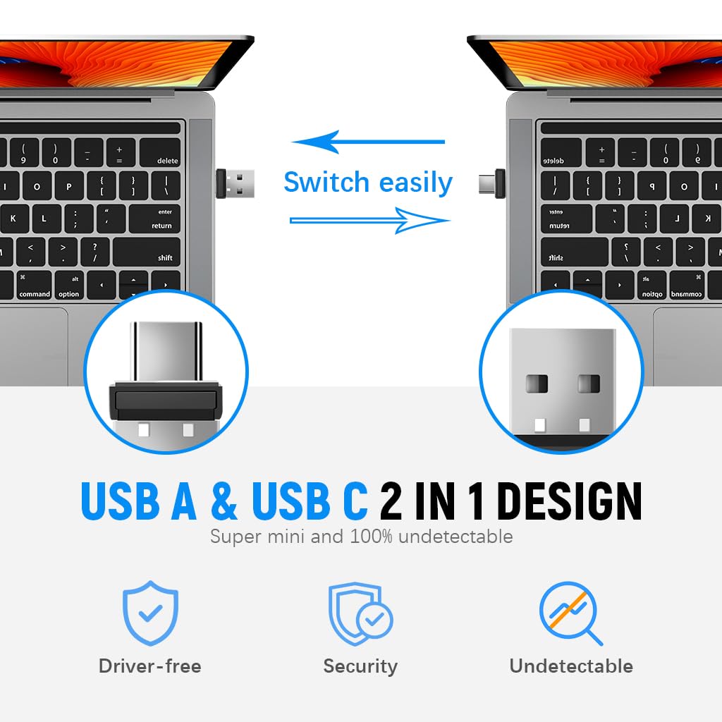 Verilux Mouse Jiggler for Computer and Laptop with 2 in 1 USB A and Type C Connector | Undetectable Plug and Go Device