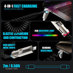 Verilux Type C Cable 4 in 1 for iOS and Android with 240W PD Fast Charging featuring Spiral Elastic Design and RGB Indicator | 6.5 ft Stretchable 3 Pack