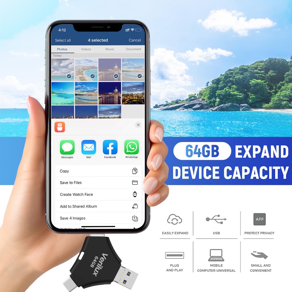 Verilux Pendrive 64 GB for iPhone and Android with 4 in 1 Type C Ports | Black Metal Design