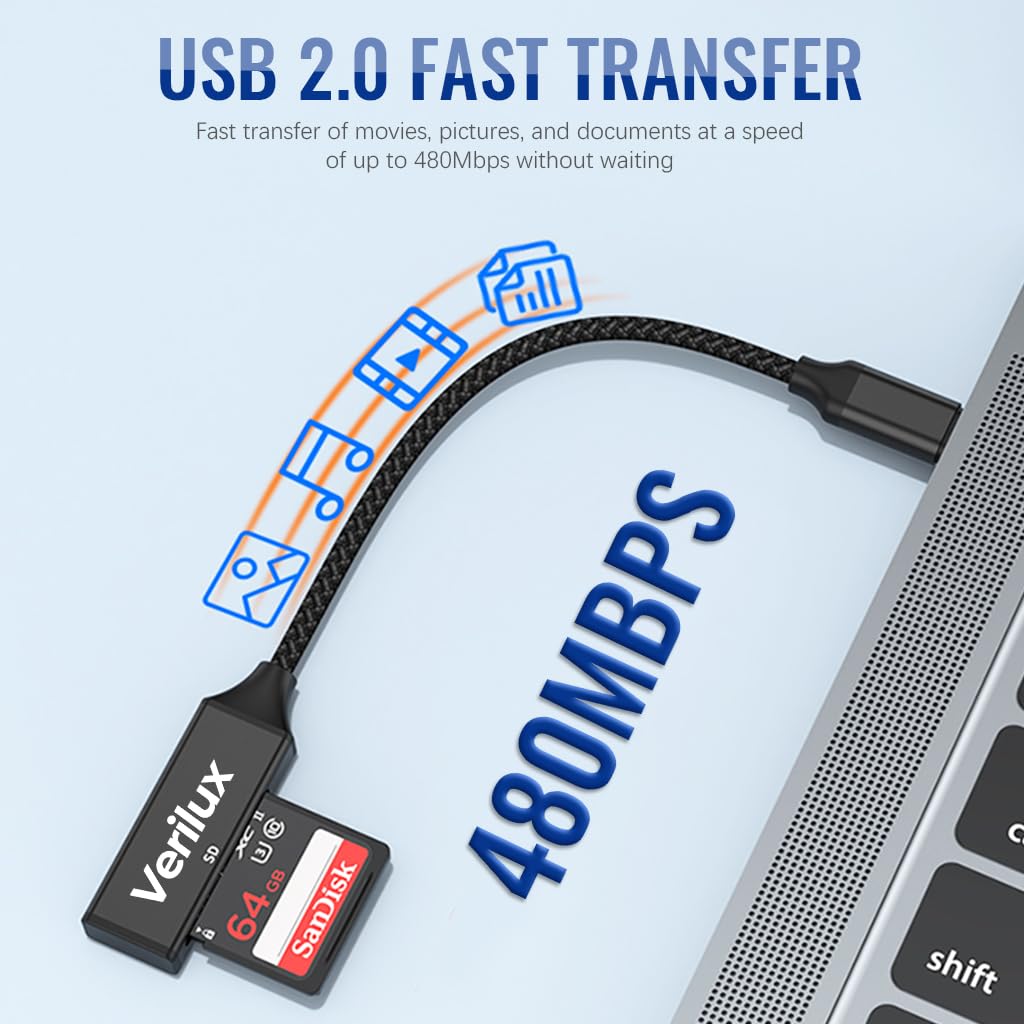 Verilux Card Reader for SD and TF Cards with USB C and USB 2.0 | 480Mbps Nylon Braided Design