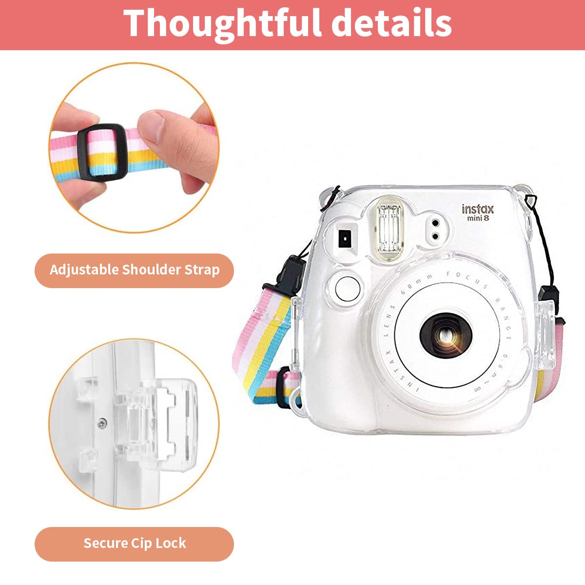 ZORBES® Instax Mini 9/8 Case Cover, Crystal Protective Camera Case for Fujifilm Instax Mini 9/8, Easy Install Clear Hard Shell with Removable Rainbow Shoulder Strap for Intex Camera Mini 9/8