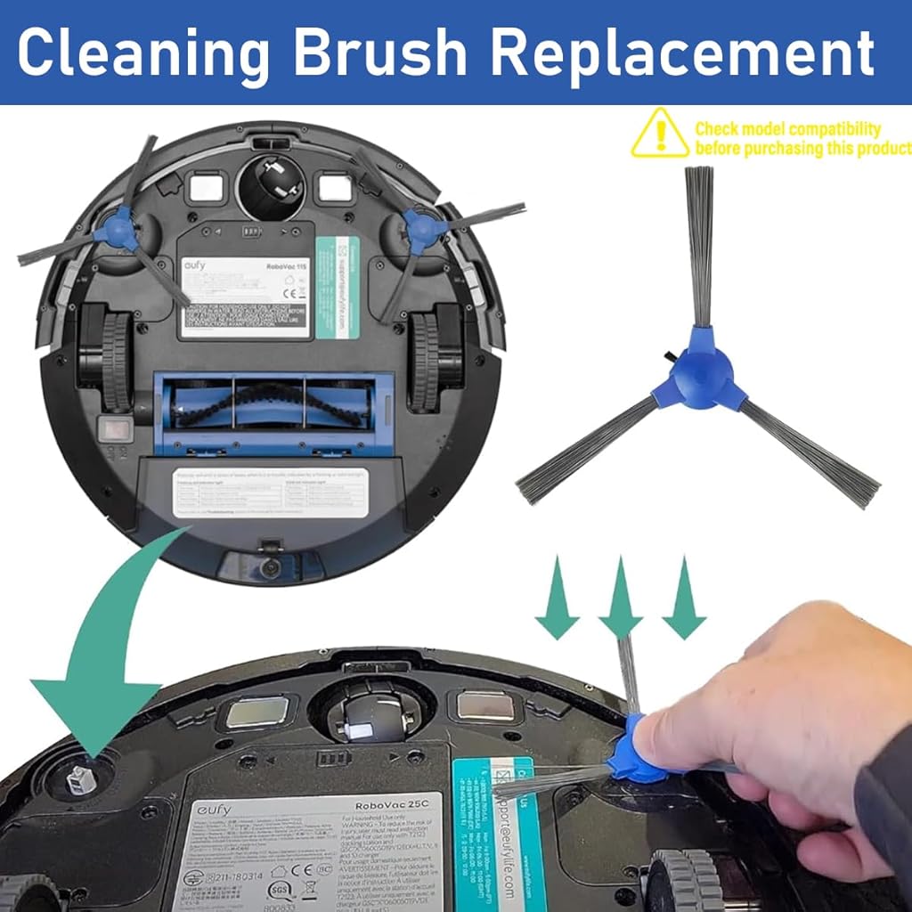Verilux® 8PCS Replacement Side Brushes for Floor Sweeper EUFY 11S RoboVac 30 MAX 15C Universal Vacuum Cleaner Robot Accessories