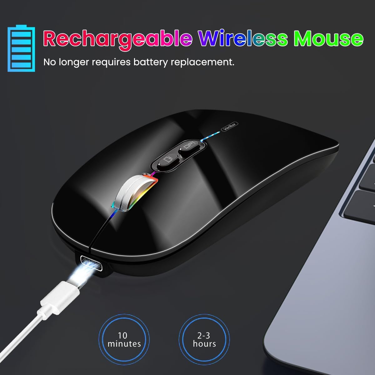 Verilux® Wireless Mouse Upgrade Three Modes 2.4G & Bluetooth 3.0 & Bluetooth 5.1 Wireless Fashion Ultra Slim Silent Mouse Game Mouse with Adjustable DPI for iPad, Laptop, PC, Mac, Windows, Black