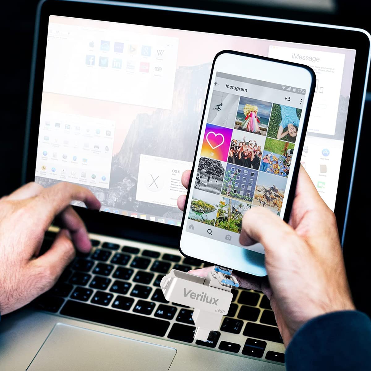 Verilux Pendrive 64GB for iPhone and Android with 3 in 1 USB A Type C Lightning Ports | Metal Mini Design