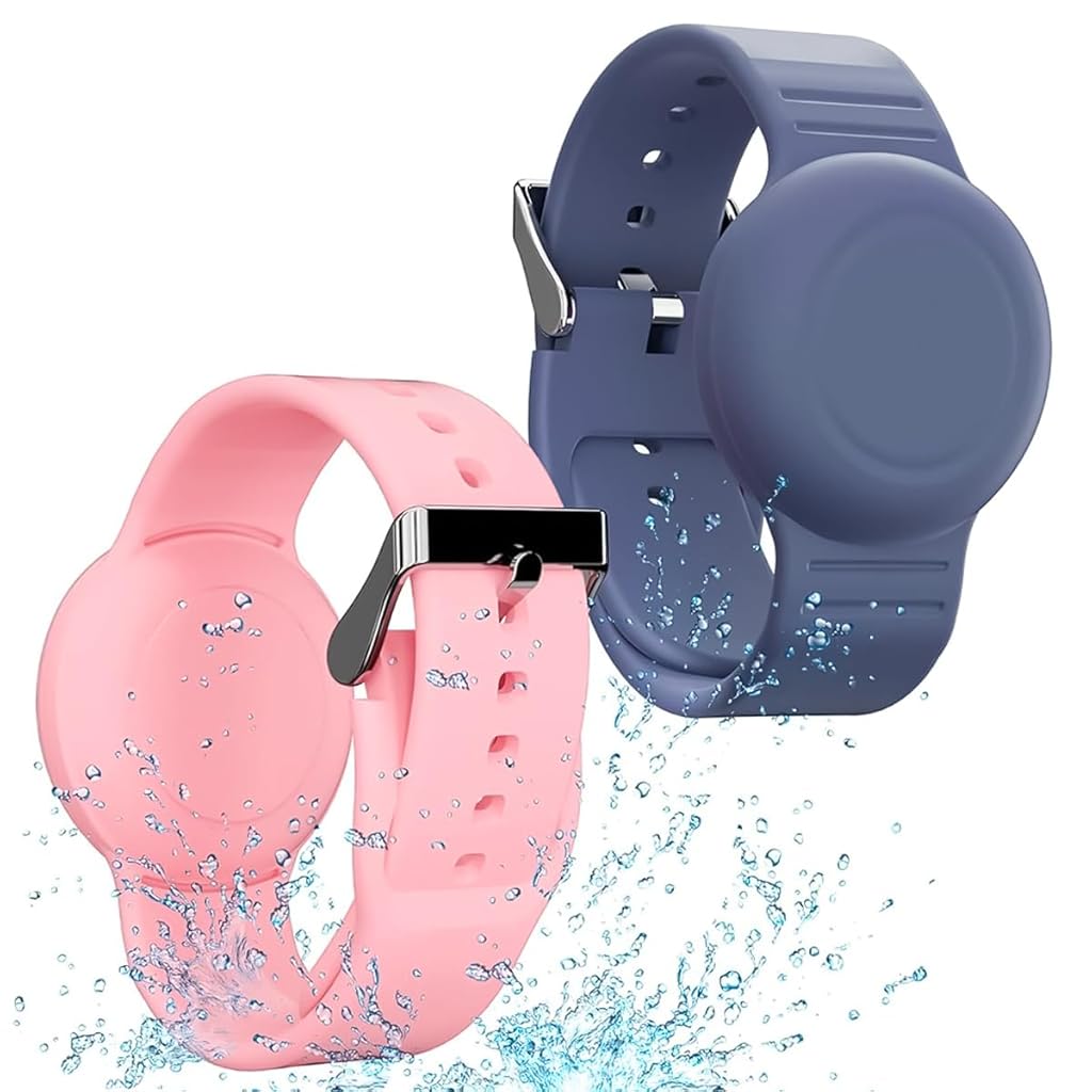 ZORBES® Waterproof AirTag Bracelet for Kids(2 Pack), Soft Silicone Air Tag Hidden Wristband, Lightweight GPS Tracker Compatible with Apple AirTag Watch Band for Child (Grey Blue & Pink)