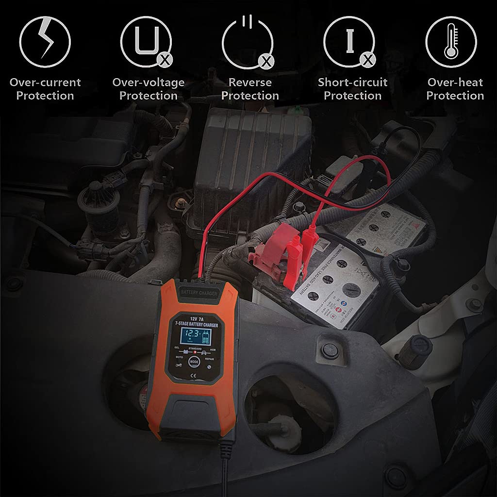 Verilux Car Battery Charger 12V 7Ah | New Upgrade 7-Stage Automatic Pulse Repair Battery Charger & Maintainer for ATVs/Golf Cart/Motorcycle/Car/Yacht Mower and More (Red)