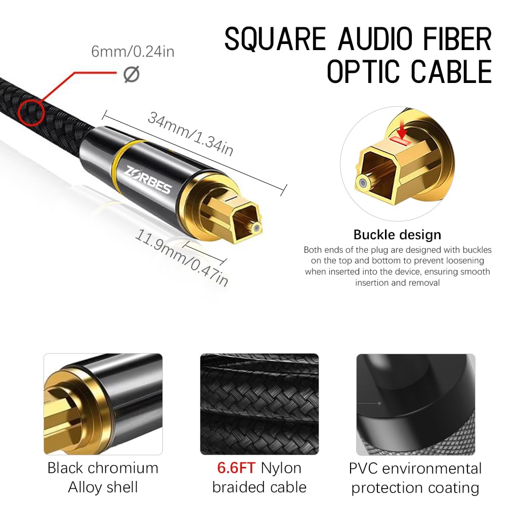 ZORBES® (5.1) Digital Optical Audio Toslink Cable 6.6FT, 250MBIT/S transmission bandwidth, Braided & 24K Gold Plated Optical Audio Connectors for Soundbars, Home Theatres, Xbox, PS5, Blu-ray players