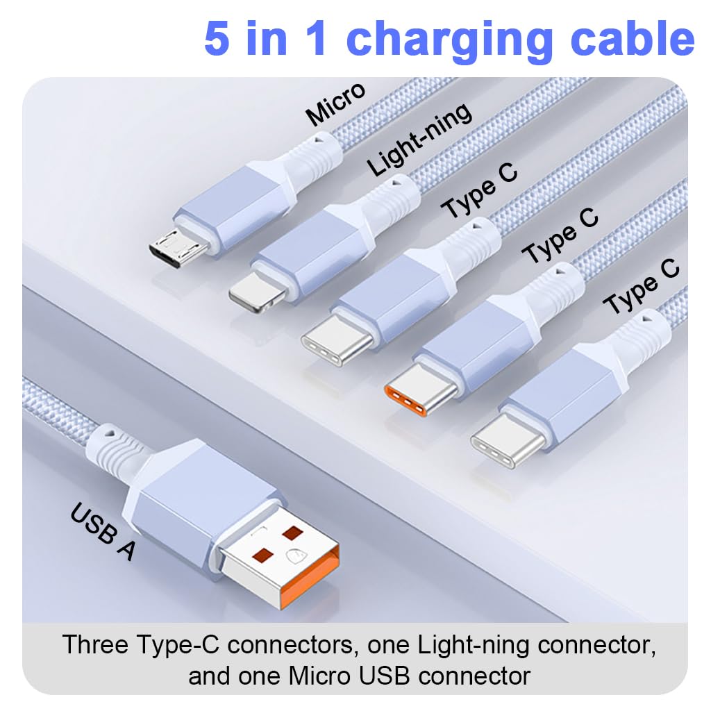 Verilux 5 in 1 Type C Cable for Travel and Multi Device Charging with 100W PD and 3.9ft Nylon Braided Design