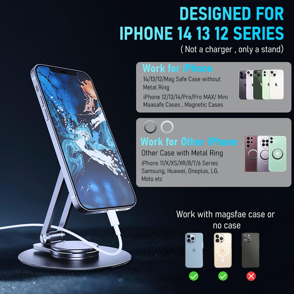 ZORBES® Magnetic Desk Phone Stand for iPhone 14 13 12 Series, Aluminum Phone Holder with 360°Rotation Base Adjustable Foldable Mobile Stand Compatible with iPhone 14 13 12 Pro Max Mini, Mag Safe Case