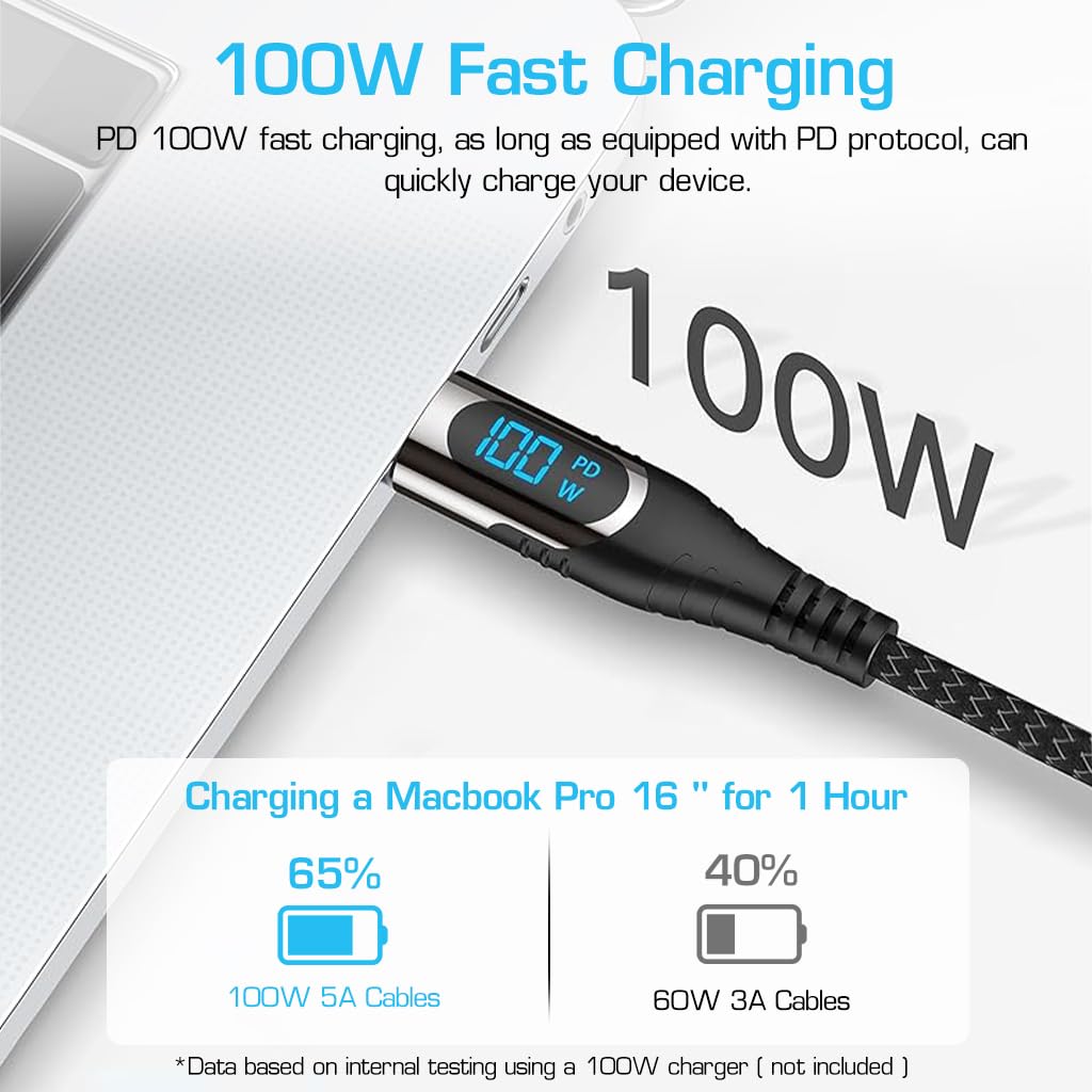 Verilux® 3.3ft Type C to Type C Cable, Type C Cable with LCD Display Support PD 100W Fast Charging & Data Transfer TYPE-C to TYPE-C Cable Compatible with MacBook Pro/iPad Pro/iPad Air/GalaxyS20