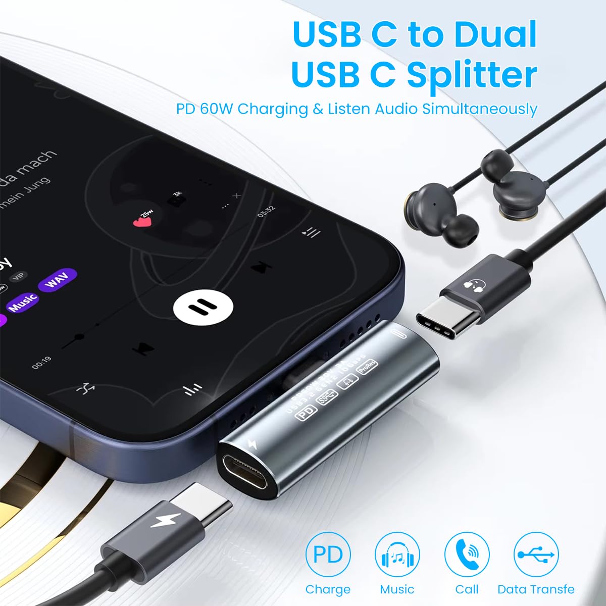ZORBES® USB C Splitter, Dual USB C Headphone/Data and Charger Adapter, 3 in 1 USB C Audio Dongle USB C Data Adapter with PD 60W Charging for iPhone 16/16Pro/15/15Pro, Galaxy S24/S23/S22, Pixel 8/7