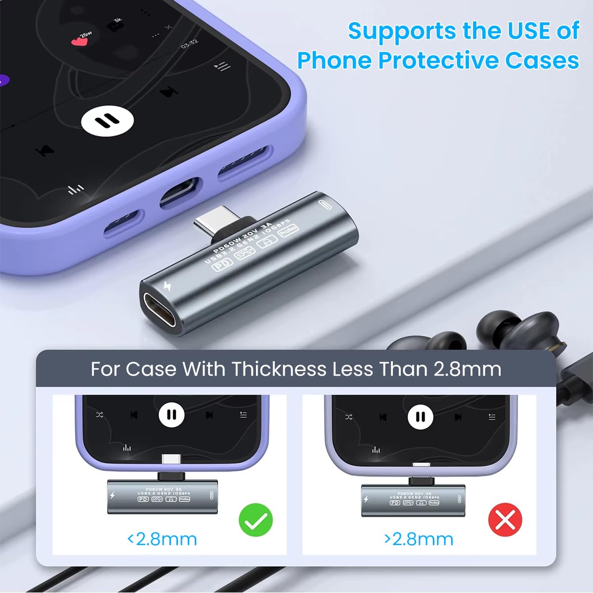 ZORBES® USB C Splitter, Dual USB C Headphone/Data and Charger Adapter, 3 in 1 USB C Audio Dongle USB C Data Adapter with PD 60W Charging for iPhone 16/16Pro/15/15Pro, Galaxy S24/S23/S22, Pixel 8/7