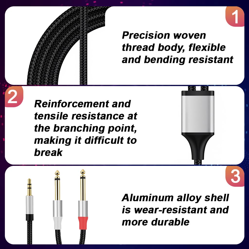 Verilux 3.5mm to Dual 6.35mm Aux Cable for Speakers with Nylon Braid 9.8 ft | Stereo Audio Splitter