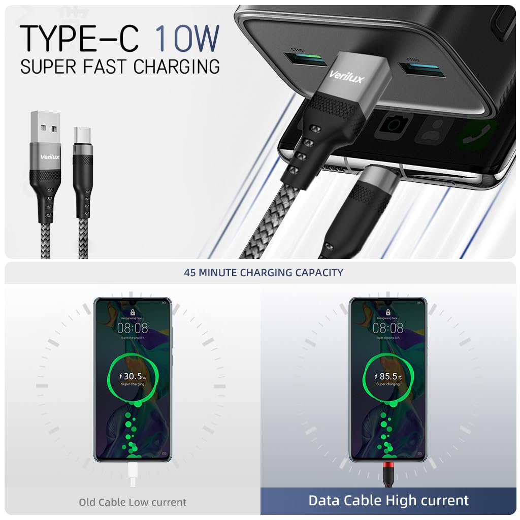 Verilux USB to Type C Cable 3.3 ft for Fast Charging with 480Mbps Transfer | Nylon Braided