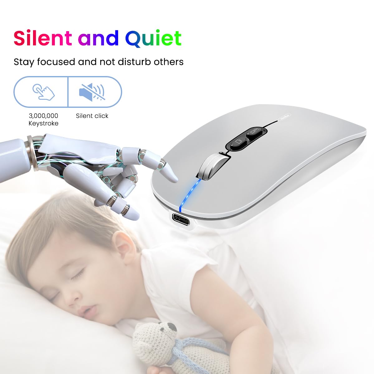 Verilux Wireless Mouse for Laptop with Dual Mode 2.4G & Bluetooth 5.1, 1600DPI Ergonomic Silent Design | White