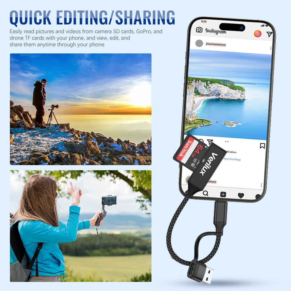 Verilux Card Reader for SD and TF Cards with USB C and USB 2.0 | 480Mbps Nylon Braided Design