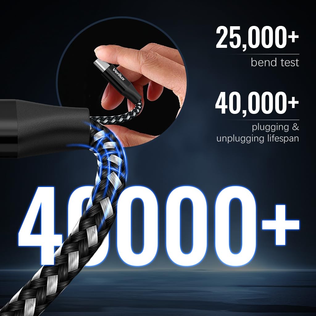Verilux Type C Cable for Fast Charging with 10ft Length and Nylon Braided Design | Black