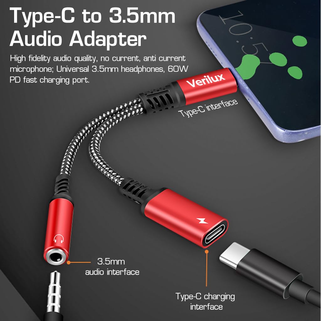 Verilux® USB C to 3.5mm Jack Audio Adapter, 2 in 1 Type C to Aux Audio Jack with 60W PD Fast Charging, Sound Card Game Audio Adapter Compatible with Galaxy S22 S21 Ultra 5G S20 S20+ Plus Note 20