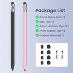 ZORBES® 2PCS 3 in 1 Stylus Pens for Touch Screens with 8Pcs Replacement Rubber Tips & 2 Disc Tips, High Sensitivity & Precision Capacitive Stylus Pencil for Apple iPad iPhone Tablets