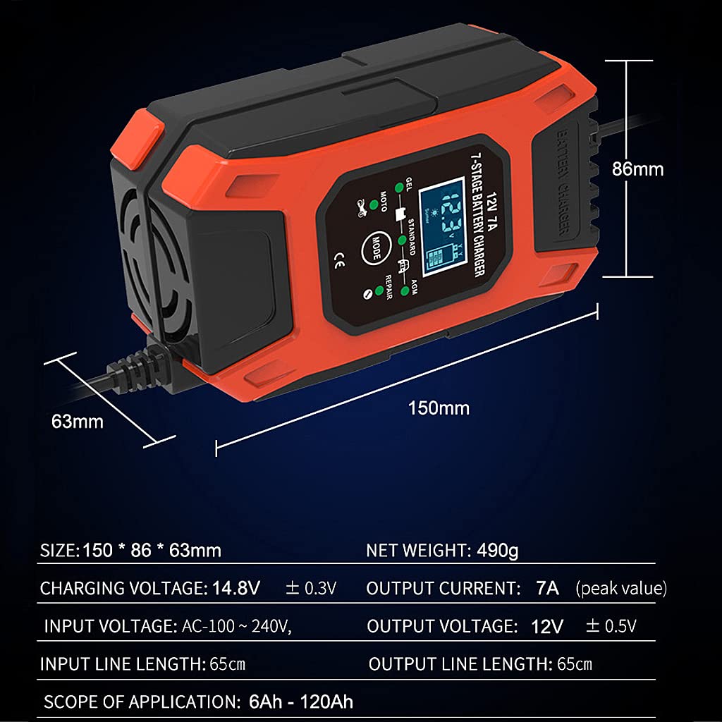 Verilux Car Battery Charger 12V 7Ah | New Upgrade 7-Stage Automatic Pulse Repair Battery Charger & Maintainer for ATVs/Golf Cart/Motorcycle/Car/Yacht Mower and More (Red)