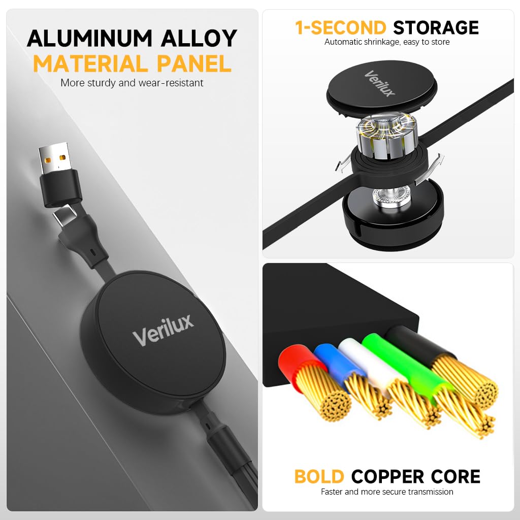 Verilux 3 in 1 USB to Type C Cable for iPhone and Android featuring 3.6ft retractable reel | PD 100W fast charging and data transfer