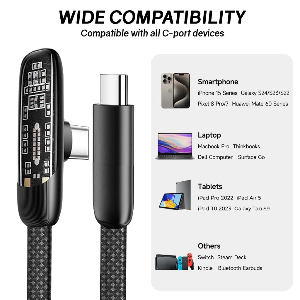 Verilux® PD 100W Type C Cable Fast Charging 6.6Ft,Right Angle C Type Charger Cable with No Tangle Flat Nylon Braid,Support 480Mbps Data Transfer for iPhone 17/17 Pro/17 Pro Max 16/15 Galaxy S25/S24