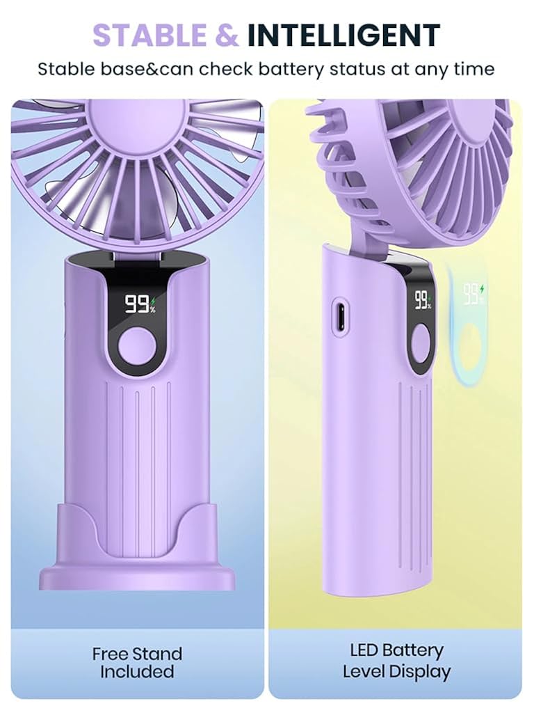 Verilux® USB Handheld Fan Mini Desk Fan Neck Fan with Detachable Neck Strap 3 in 1 VariableUSB Cordless 5000mAh Portable Pocket Cooling Fan for Travel, Hiking, Office, Purple