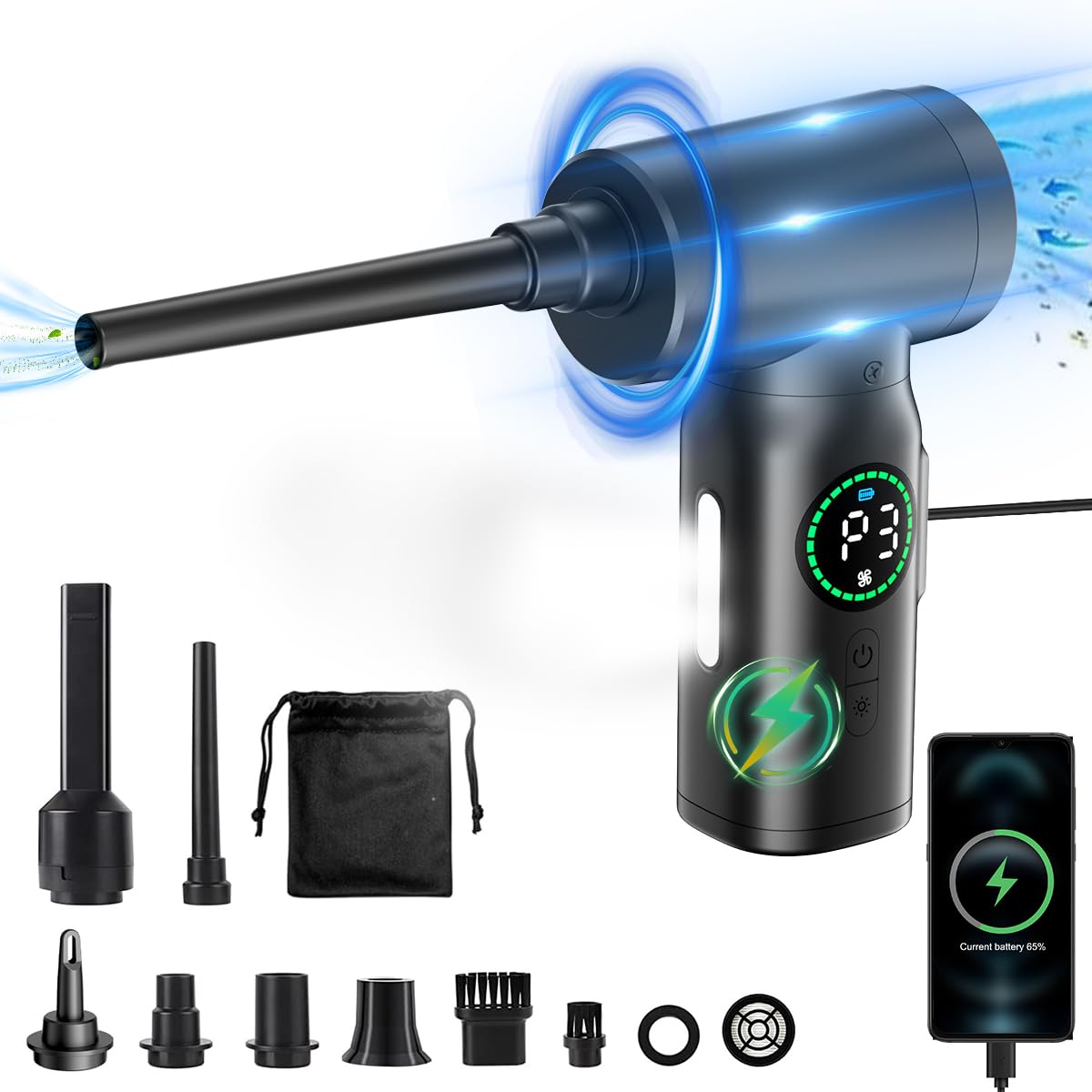 ZORBES® Electric Dust Blower, Wireless Air Duster Car Vacuum Cleaner, 2 in 1 Electric Air Blower with LCD Digital Display, 120W USB Cordless Air Blower with LED and Interchangeable Nozzles for Home, Computer