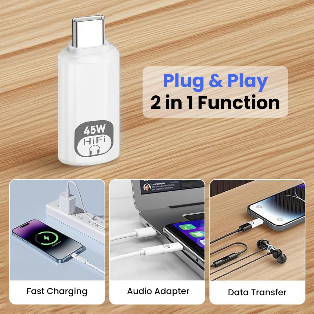 Verilux Light-ning to Type C Earphone Converter for iPhone 16/15 with PD 45W Fast Charging | HIFI Audio