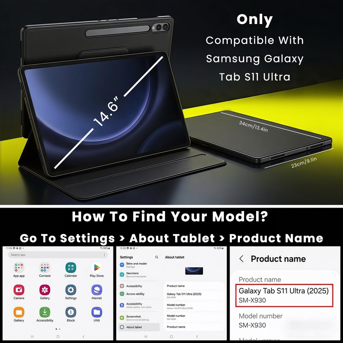 ZORBES® Compatible with Galaxy Tab S11 Ultra, 14.6'' Acrylic Tablet Cover with PU Screen Guard, 360 ° Rotatable Built in Tablet Holder, Adjustable Viewing, Stylus Pen Slot Design