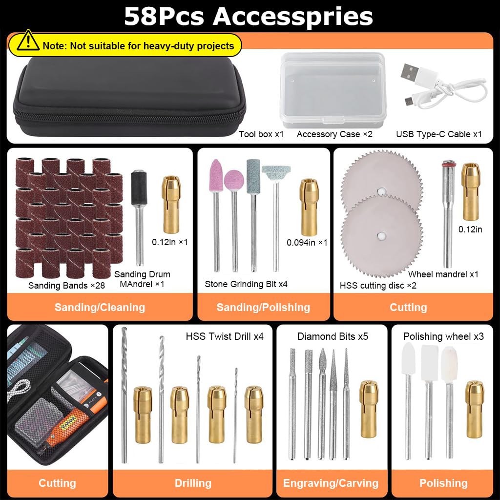 Verilux Rotary Tool Kit for DIY Crafts with 5 Speeds and 58 Accessories | Cordless USB Charging Design