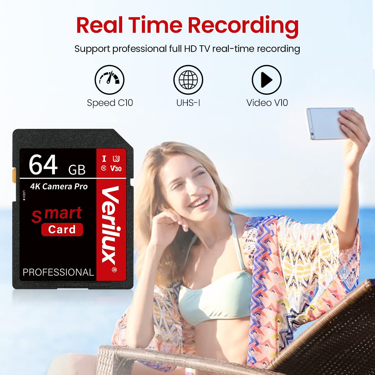 Verilux 64GB Camera Pro SD Card for 4K UHD Video with 80MB/s Transfer Speed | SDXC Memory
