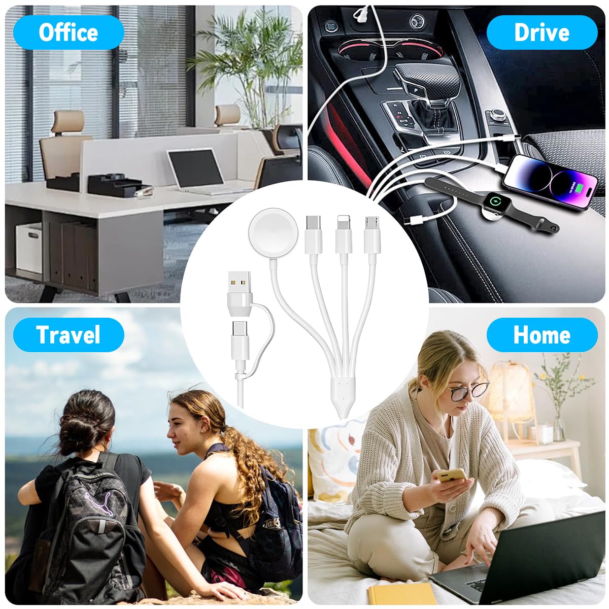 Verilux 4 in 2 Type C Charging Cable 1.2m with Magnetic Watch Charger for Galaxy | USB C to C and Lightning Compatibility