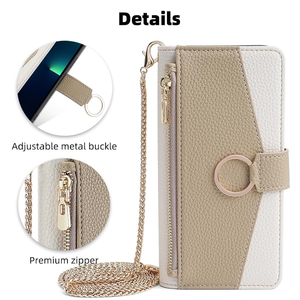 ZORBES® Leather Phone Case for iPhone 15 Pro Max Fashion Women Flip Wallet Phone Case with Cash Zipper Pouches & Card Holders Multifunctional PU Leather Flip Phone Case with Removable Chain Strap