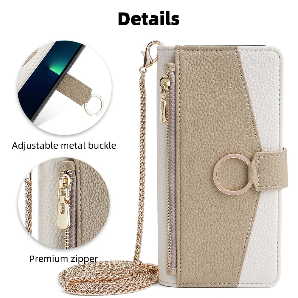 ZORBES® Leather Phone Case for iPhone 15 Pro Fashion Women Flip Wallet Phone Case with Cash Zipper Pouches & Card Holders Multifunctional PU Leather Flip Phone Case with Removable Chain Strap