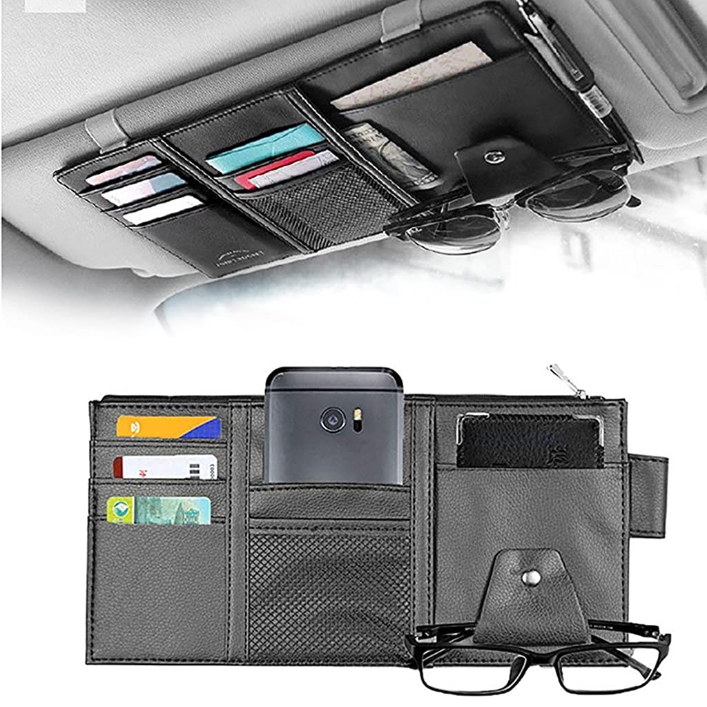 PU Leather Multi-Function Car Space Sun Visor Organizer Hanging(Black)