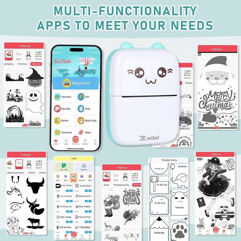 Zeitel® Mini Bluetooth Thermal Label Printer Combo with 13 Rolls & 5 Self-Adhesive Sticker Paper, Inkfree, for Android iOS, Journaling, Crafts, Planners, POS, DIY, 57mm*25mm, Blue