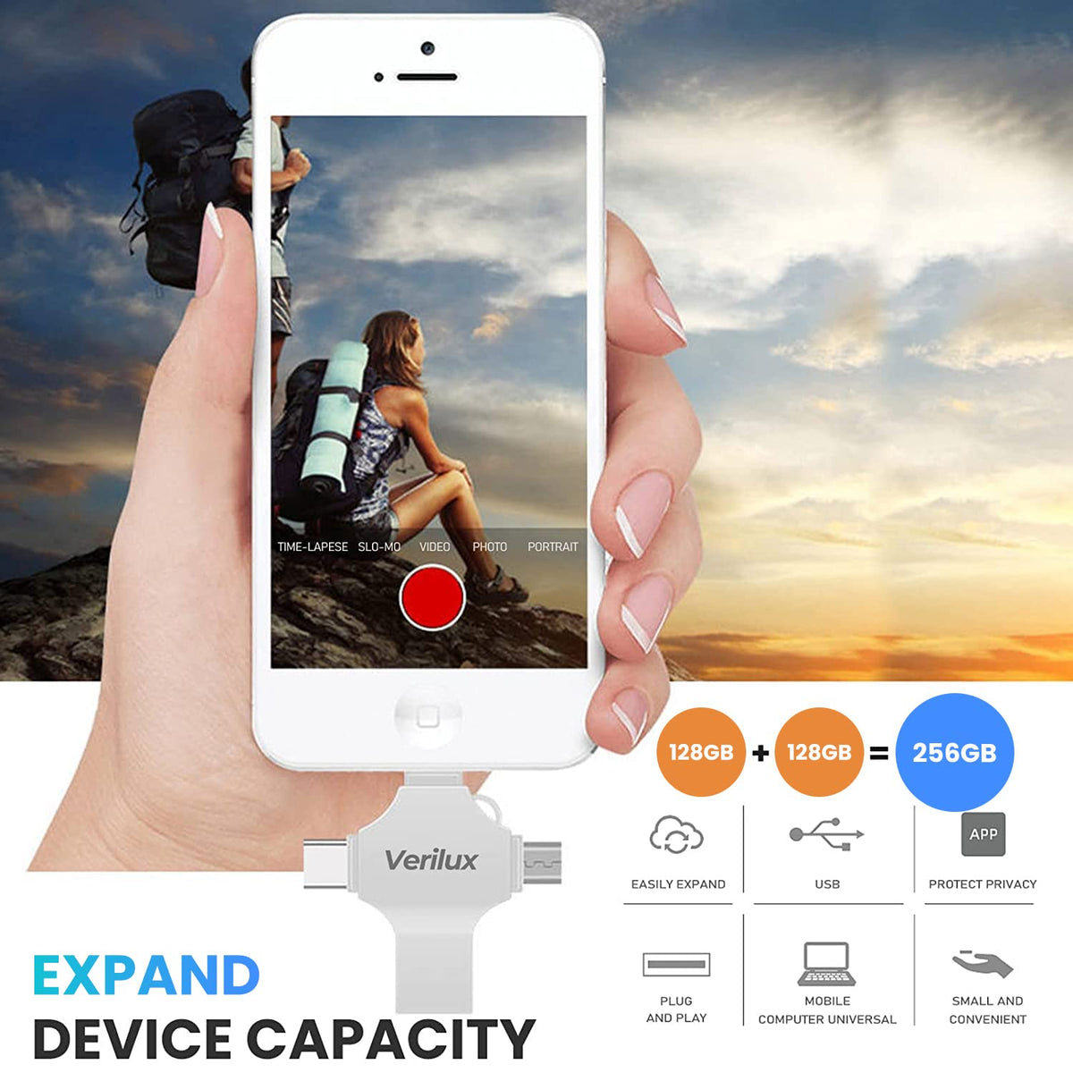 Verilux Flash Drive for iPhone and Android with 128GB Storage featuring 4 in 1 Interfaces