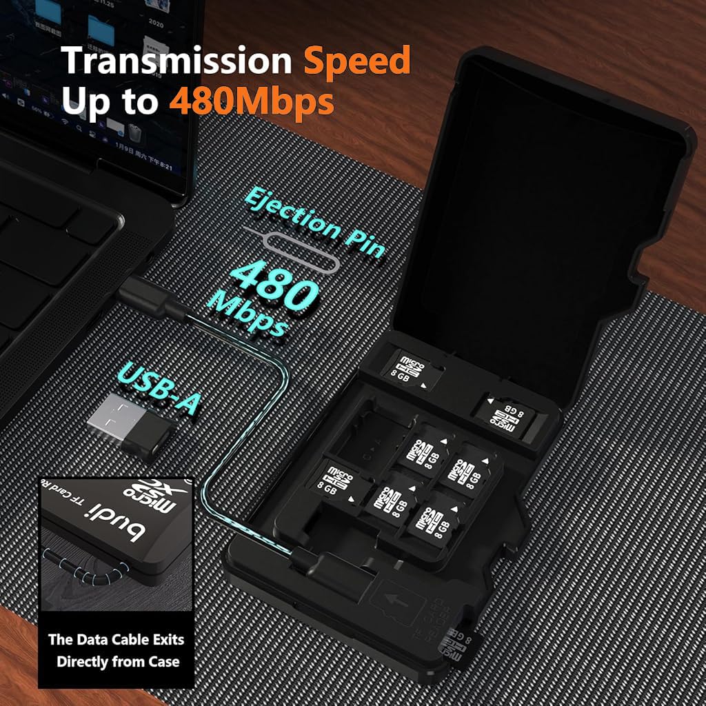 Verilux USB C Micro SD Memory Card Reader with 8 Slots and Flip Up Lid | 2 in 1 USB A and C Adapter for Phone Laptop and PC