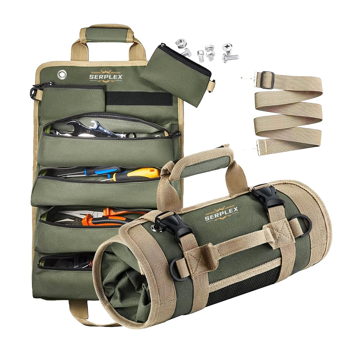 Serplex® 900D Tool Bag Portable Roll Up Tool Bag with Handle & Shoulder Strap Multi Compartment Tools with Detachable Zipper Pouch,Multi-Purpose Organizer for Technicians/Mechanics(No Tools)