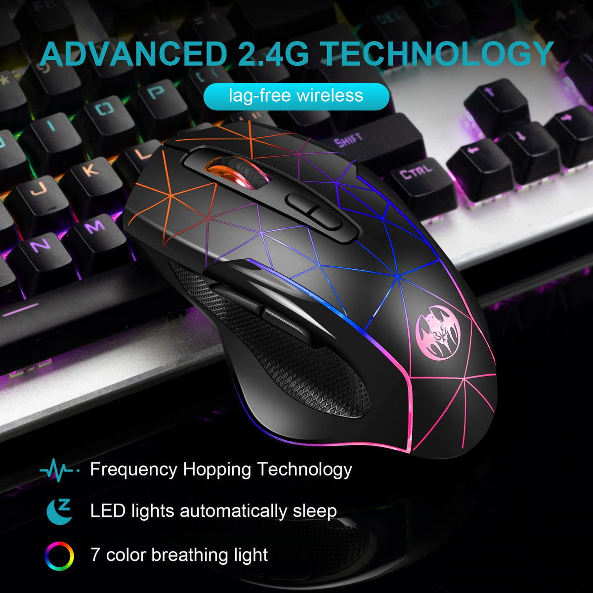 ZORBES® 2.4G Wireless Ergonomics Optical Mouse 7 Keys PC Mouse 3 Adjustable DPI Wireless Gaming Mouse with USB Receiver Cool RGB Backlit for Laptop,Desktop,PC