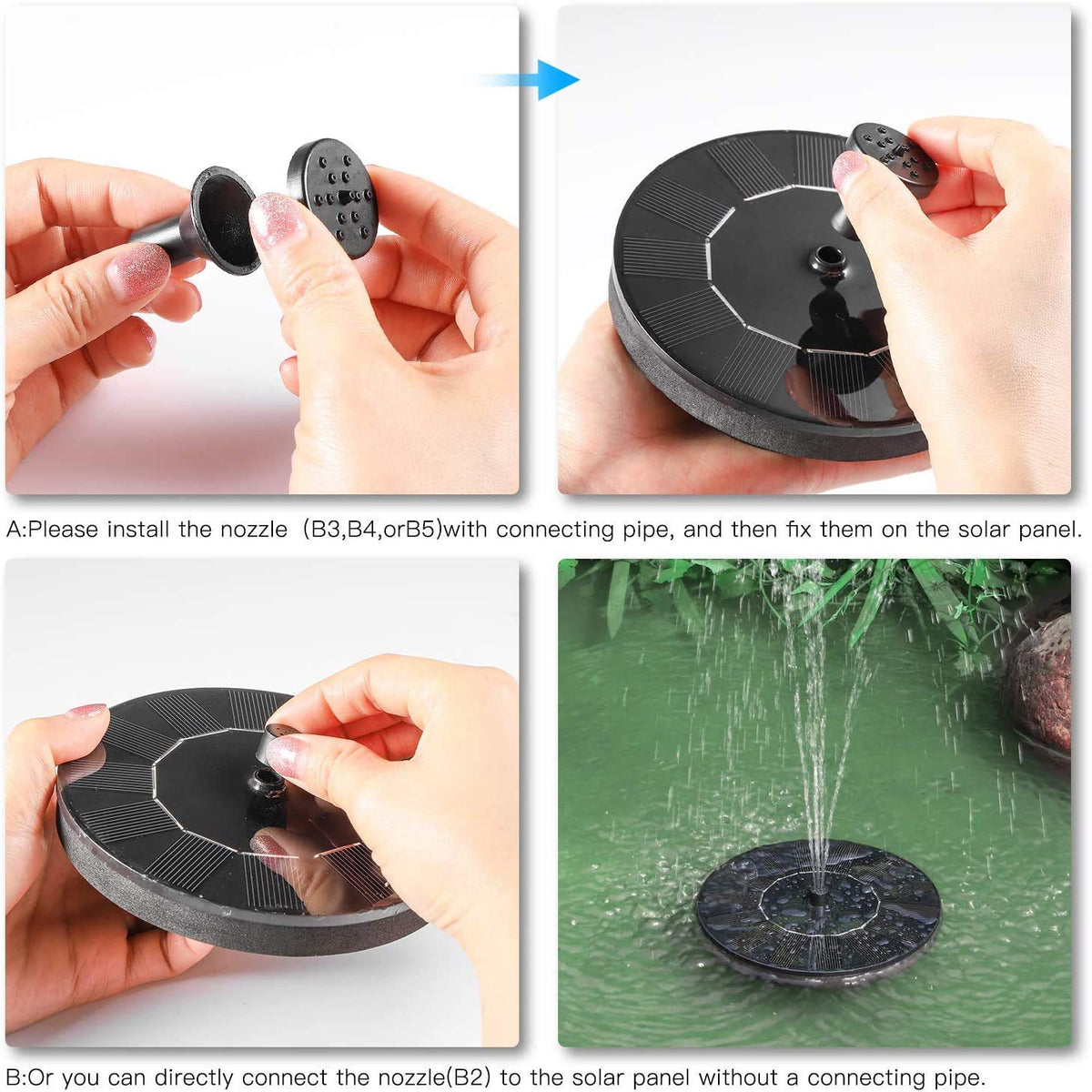 Verilux Solar Fountain Pump for Garden and Pond with 4 Nozzles 7V 1.4W | Floating Black 3PCS