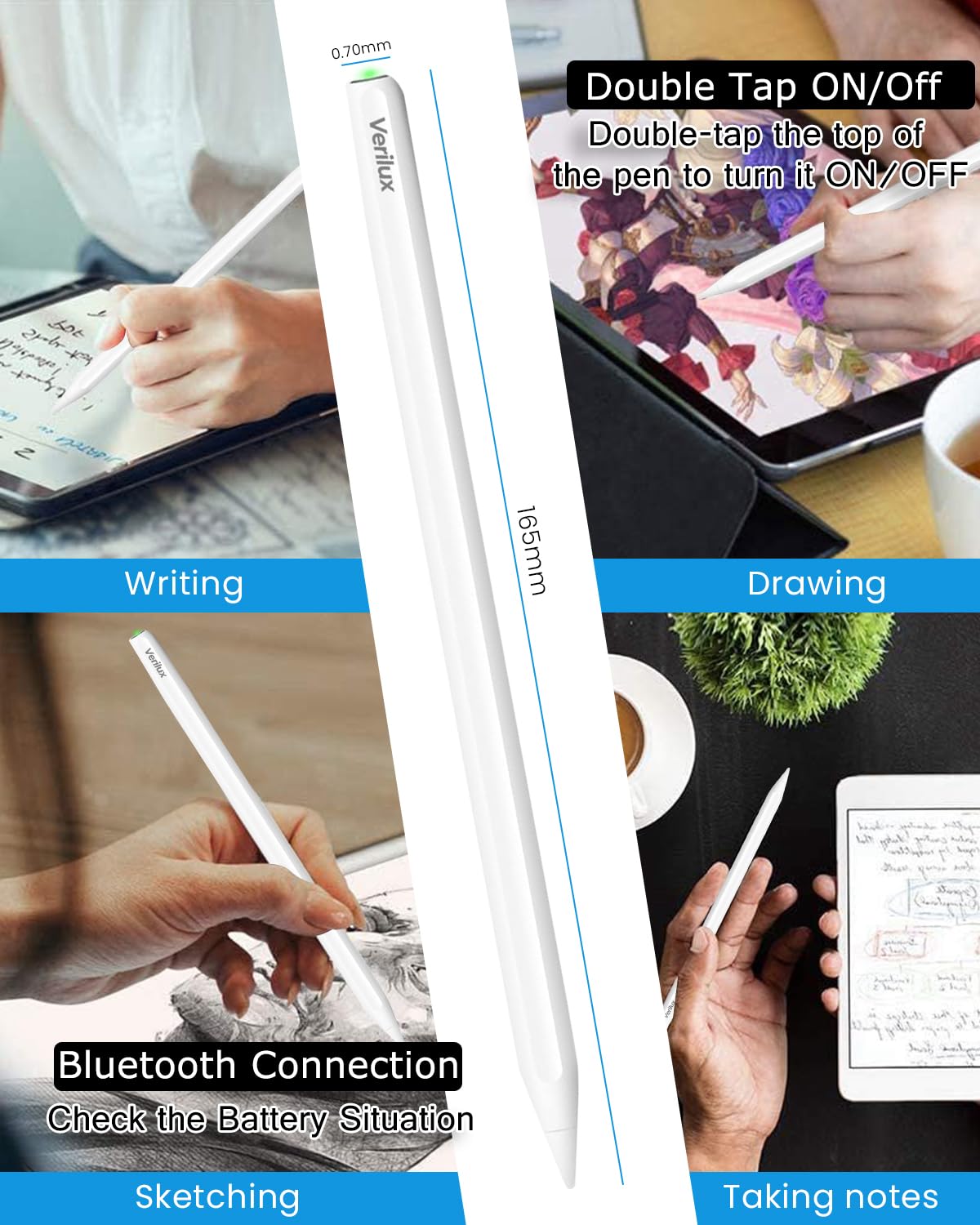 Verilux Stylus Pen for iPad 2018–2023 with 1.5mm Nib and Palm Rejection | Bluetooth Smart Tilt Function