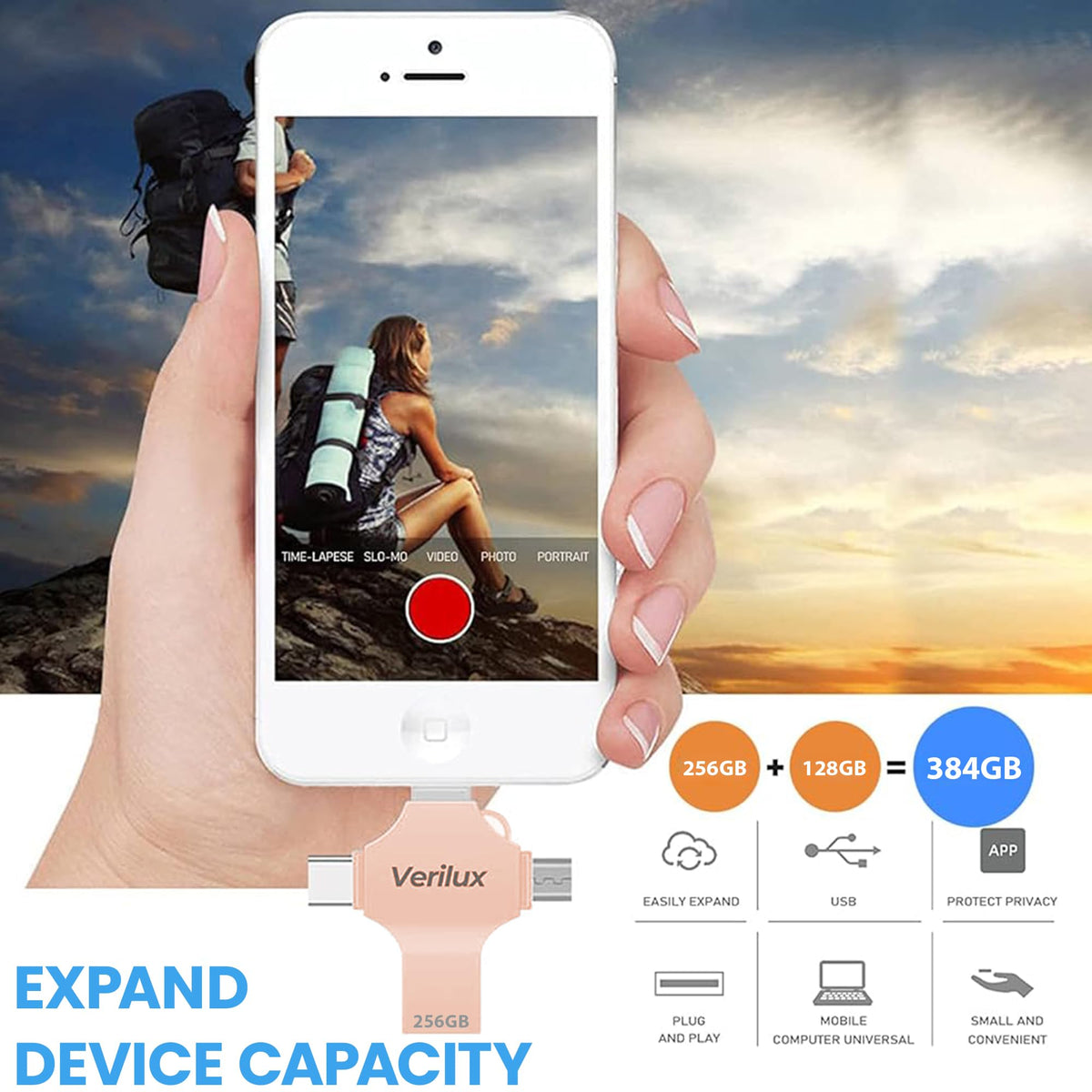 Verilux Pendrive 256GB for iPhone and Android with 4 in 1 Connector | Metal Keychain Design